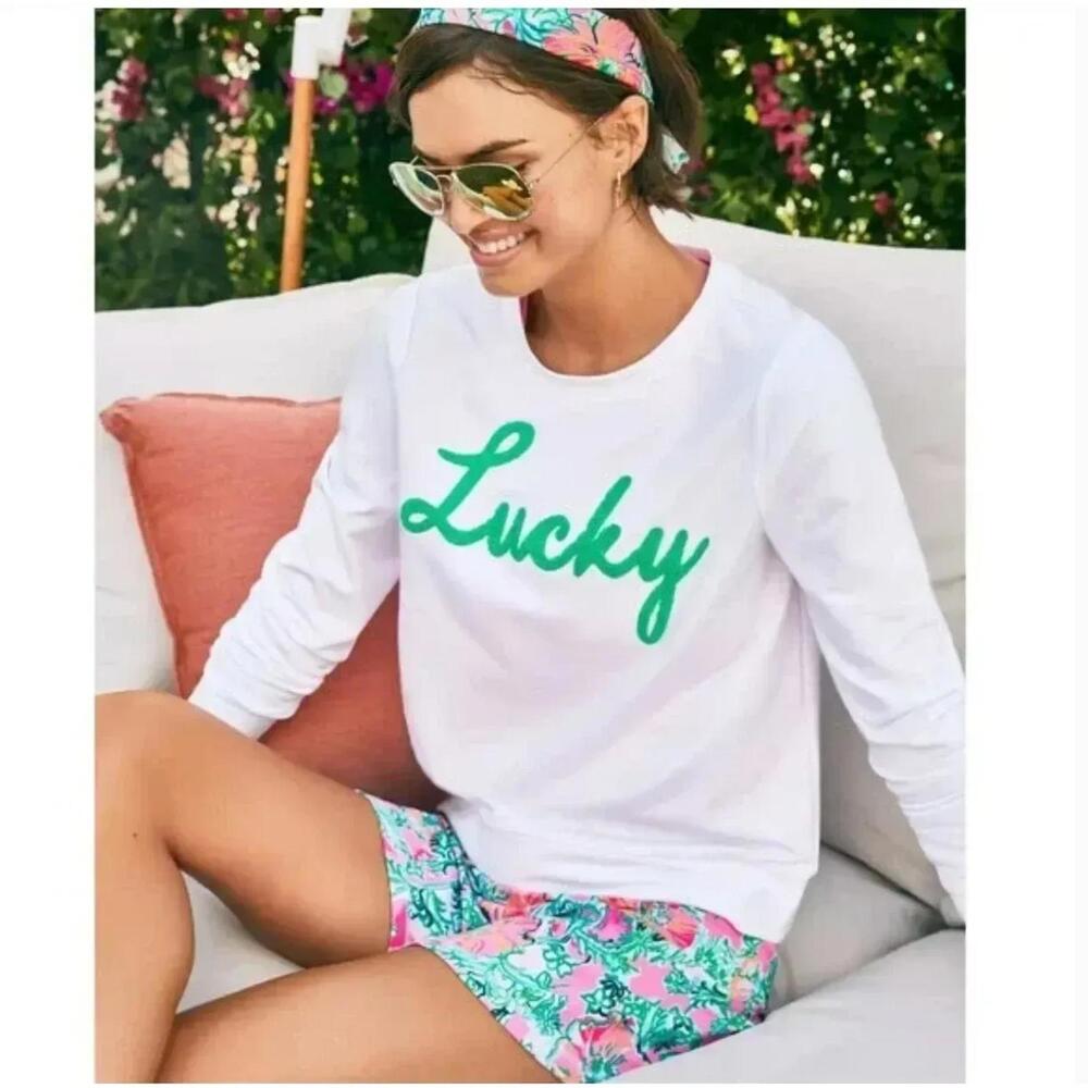 Lilly Pulitzer White Pullover with Green "Lucky" Script
